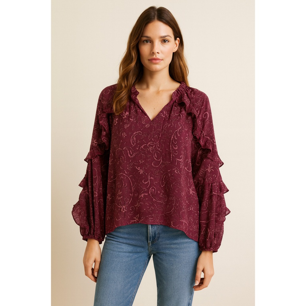 Wonderly Top Sz 3X V Neck Burgundy Floral Sheer Boho Flowy Romantic Ruffles  NEW